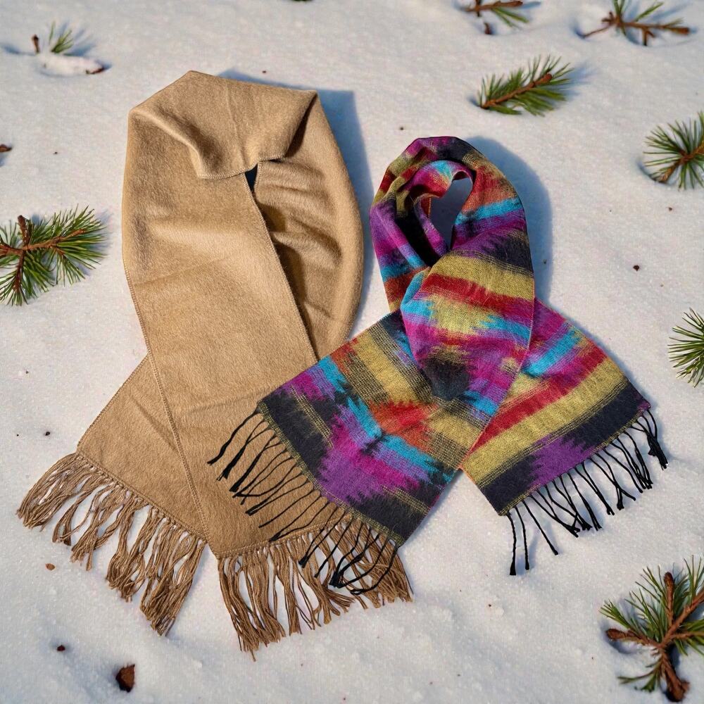 Bundle of 2 Scarves Tan Peruvian Link Alpaca Collection Peru  & Southwest Print